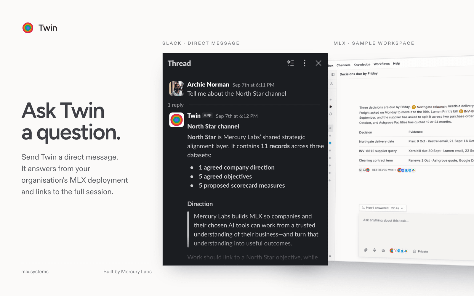 A Slack thread in which Twin answers a direct message, in front of a session in a sample MLX workspace.