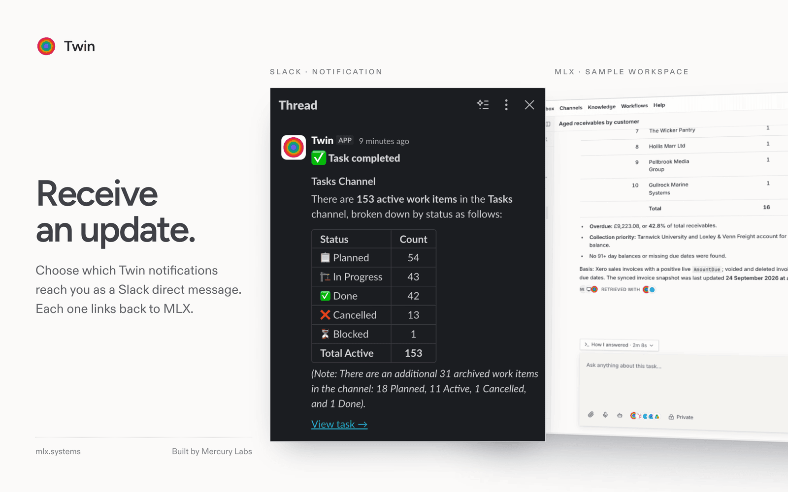 A Slack message from Twin reporting a completed task, with a link to view it, in front of a session in a sample MLX workspace.